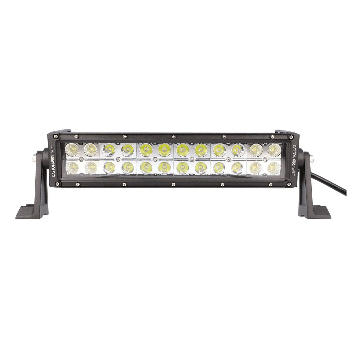 Front view of a dual-row LED light bar with silver reflectors and side mounting feet
