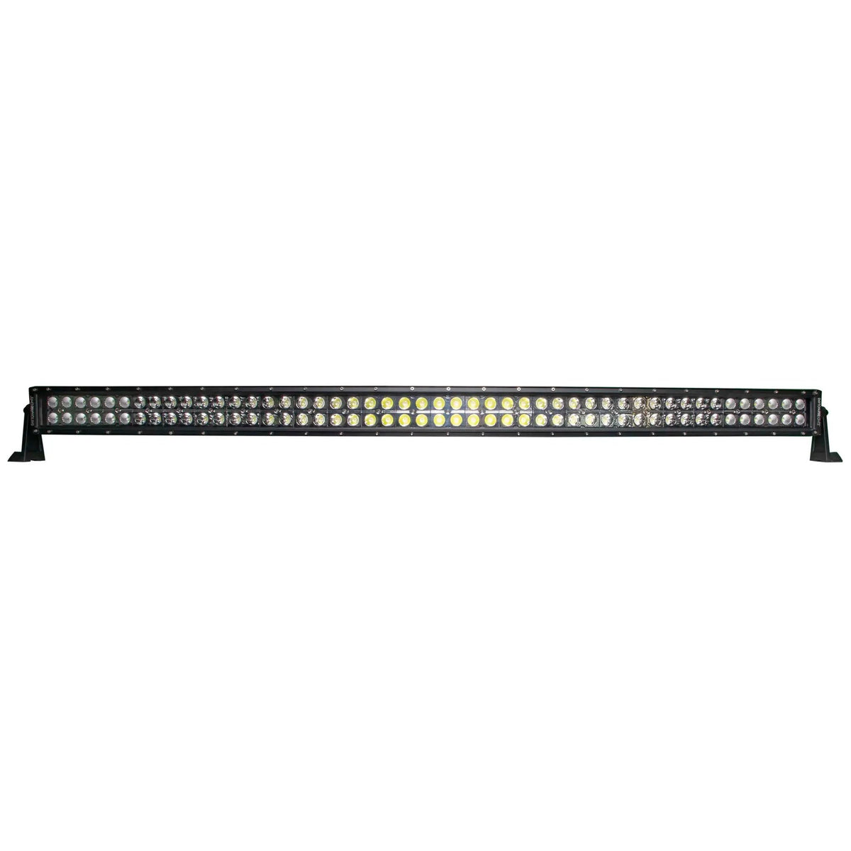 Front view of a long curved dual-row LED light bar with black housing and side mounting feet