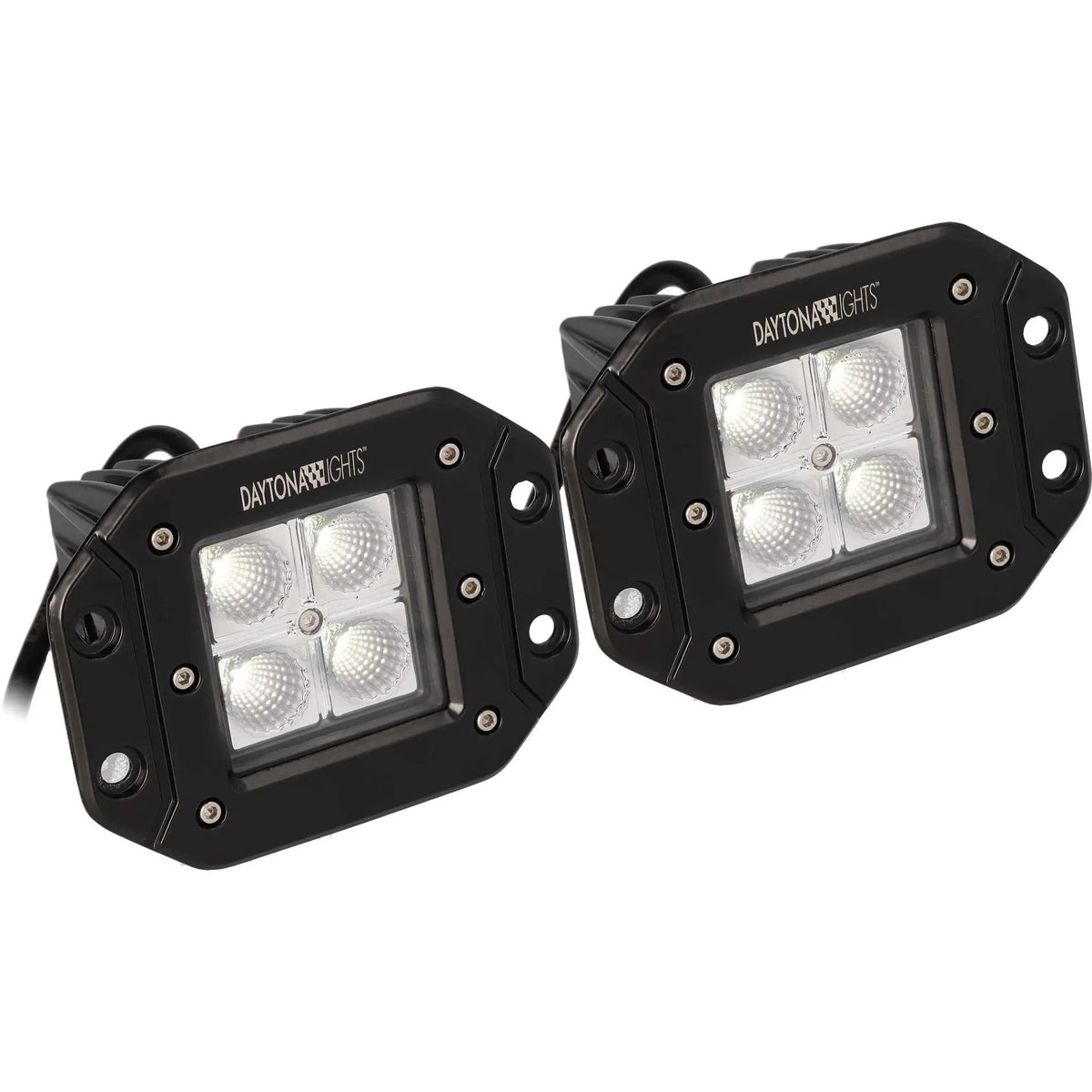 Pair of Daytona Lights rectangular lamps with four reflectors each and mounting holes around the faces