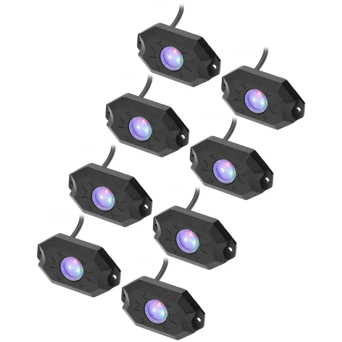 Eight black rock-light pods illuminated in blue and purple