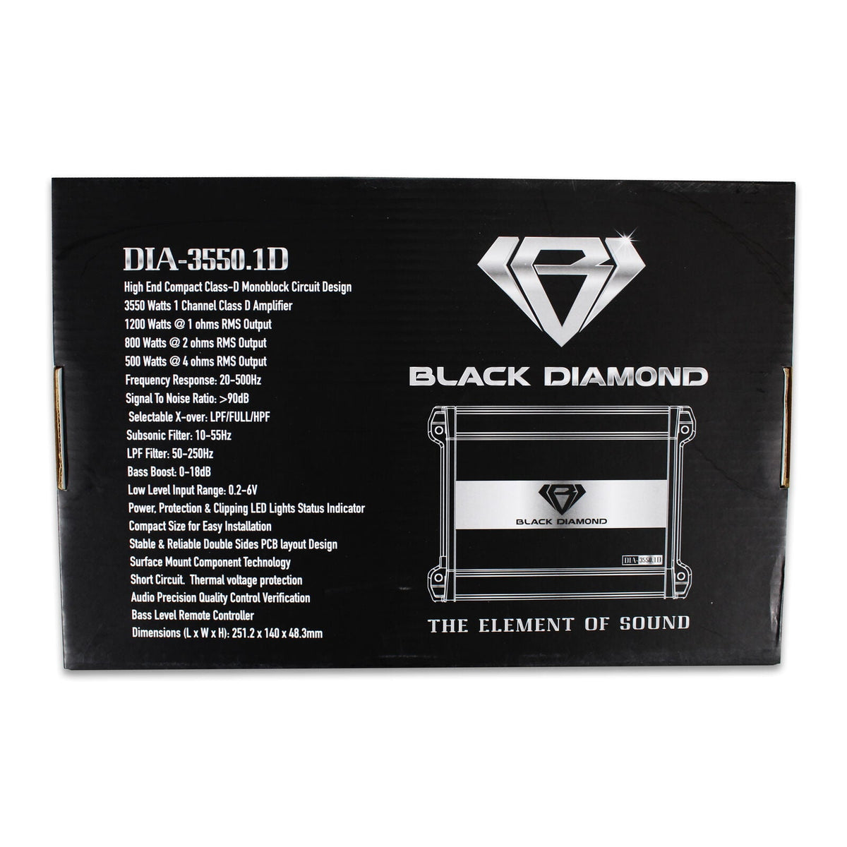 Black Diamond DIA-3550.1D package specifications: Class D monoblock, rated RMS output of 1200 watts at 1 ohm, 800 at 2 ohms and 500 at 4 ohms