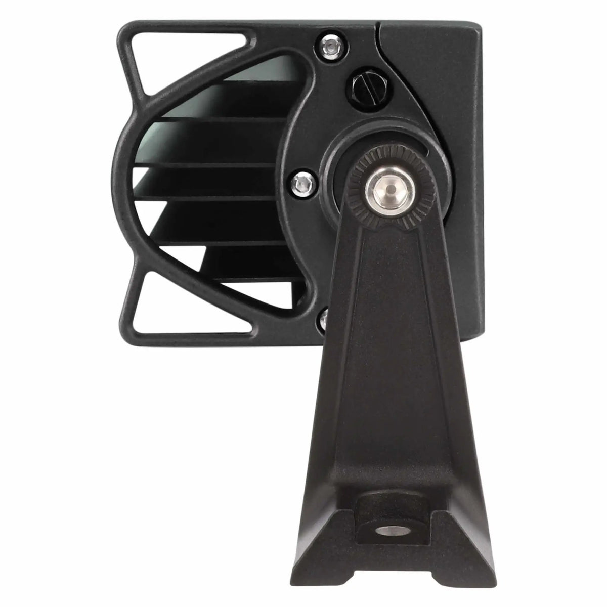 End view of a black light bar showing its finned housing, end cap and mounting bracket