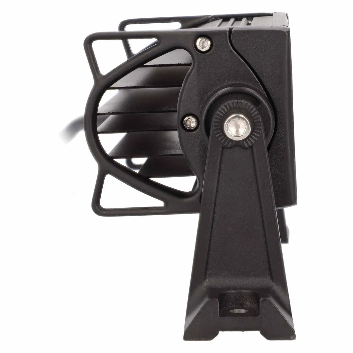 Angled end view of a short black light bar showing its rear fins and mounting bracket