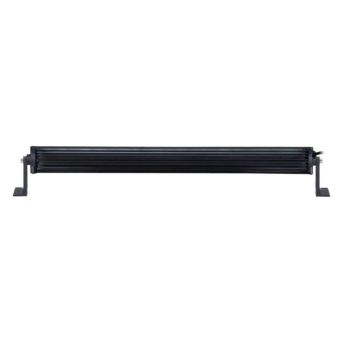 Rear view of a curved LED light bar with finned housing and end brackets