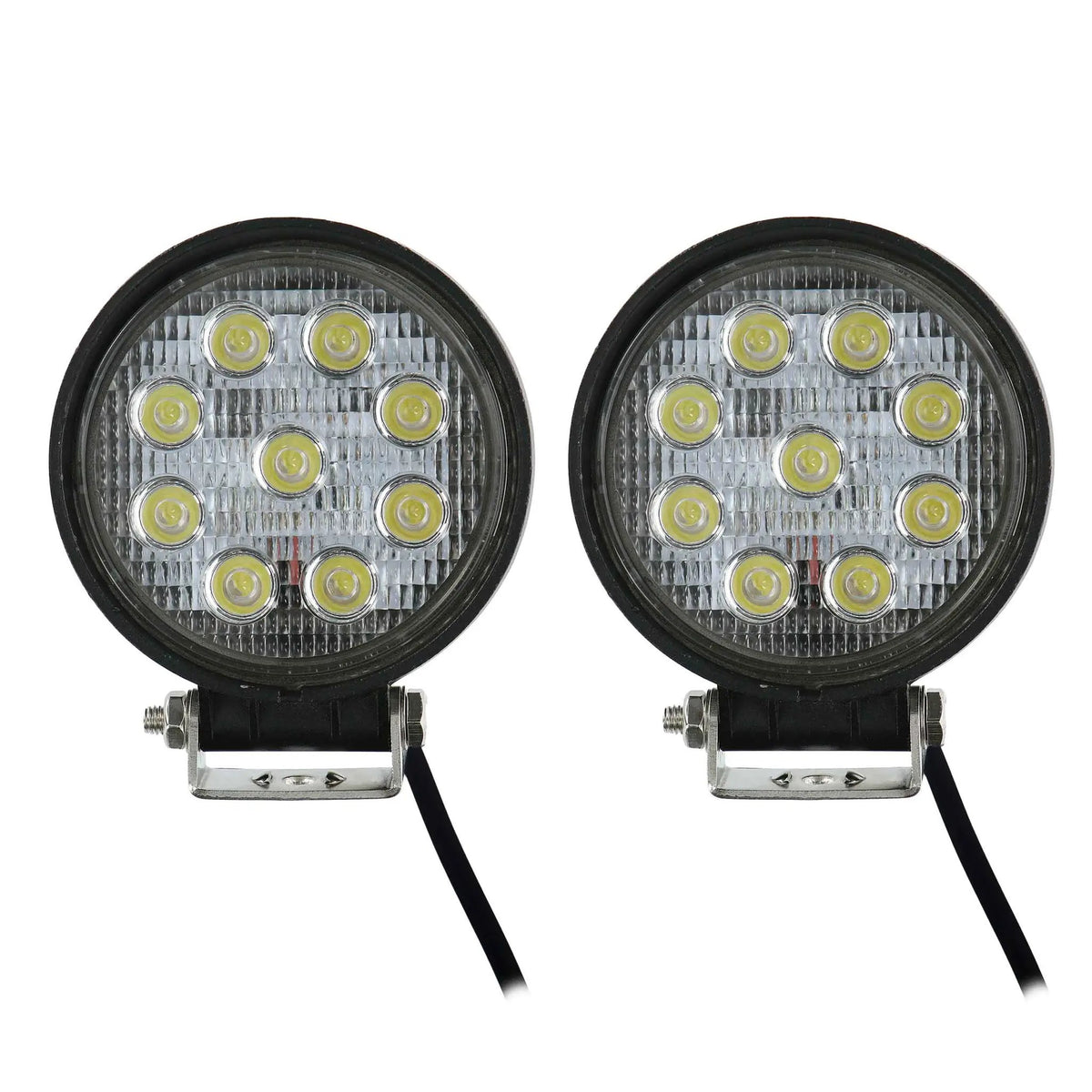 Front view of two unlit round nine-LED lamps with mounting brackets and leads