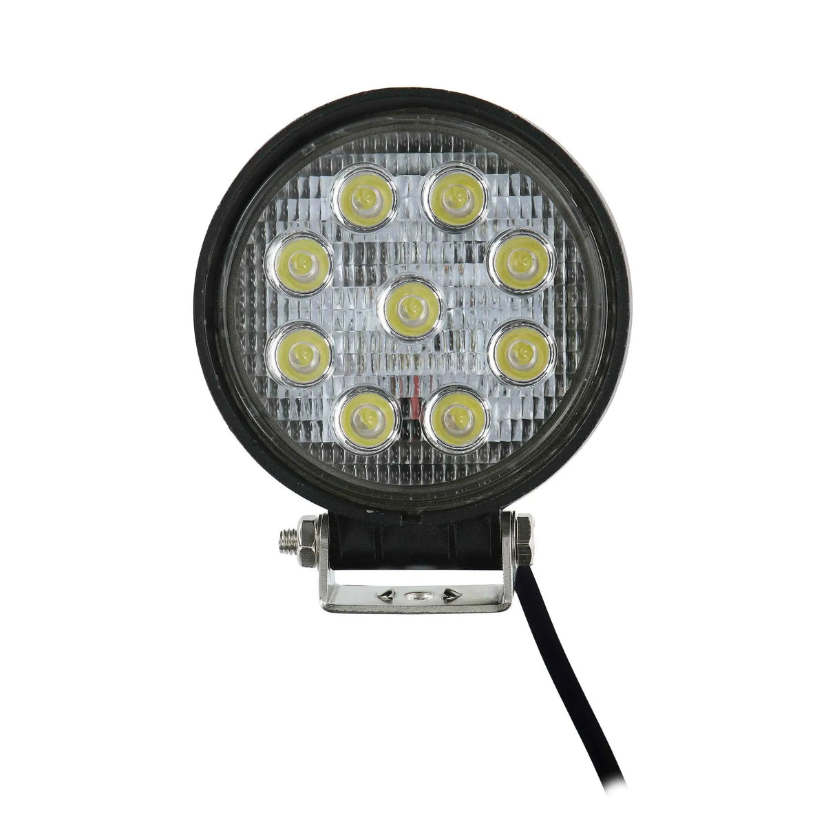 Front of one Daytona Lights DL-DL4R round driving light showing nine unlit LEDs and its mounting bracket