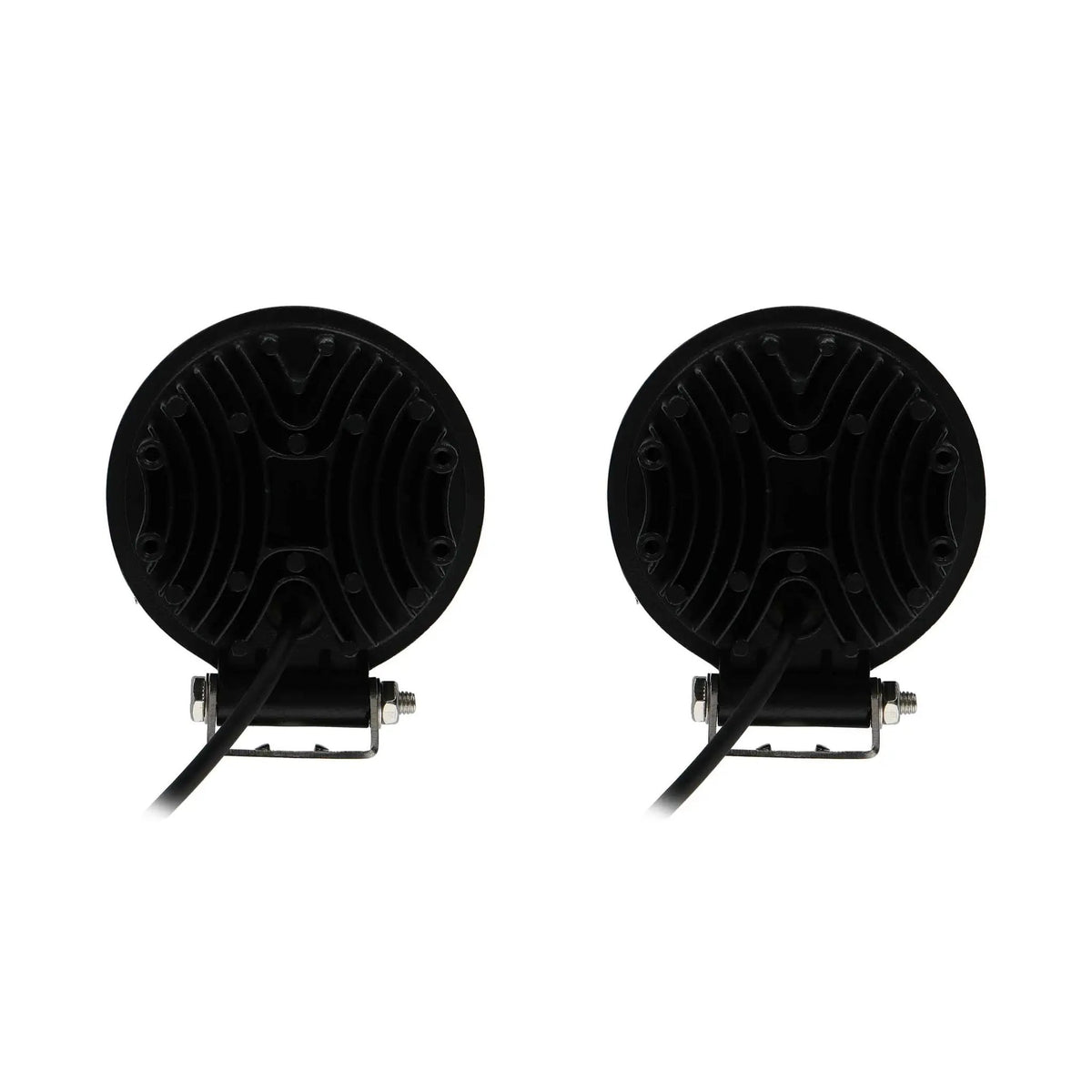 Rear view of two round LED lamps with finned housings, brackets and power leads