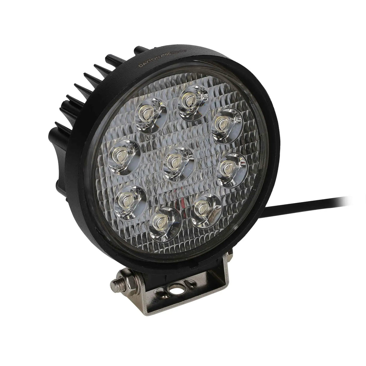 Angled front view of an unlit round nine-LED lamp with bracket and power lead