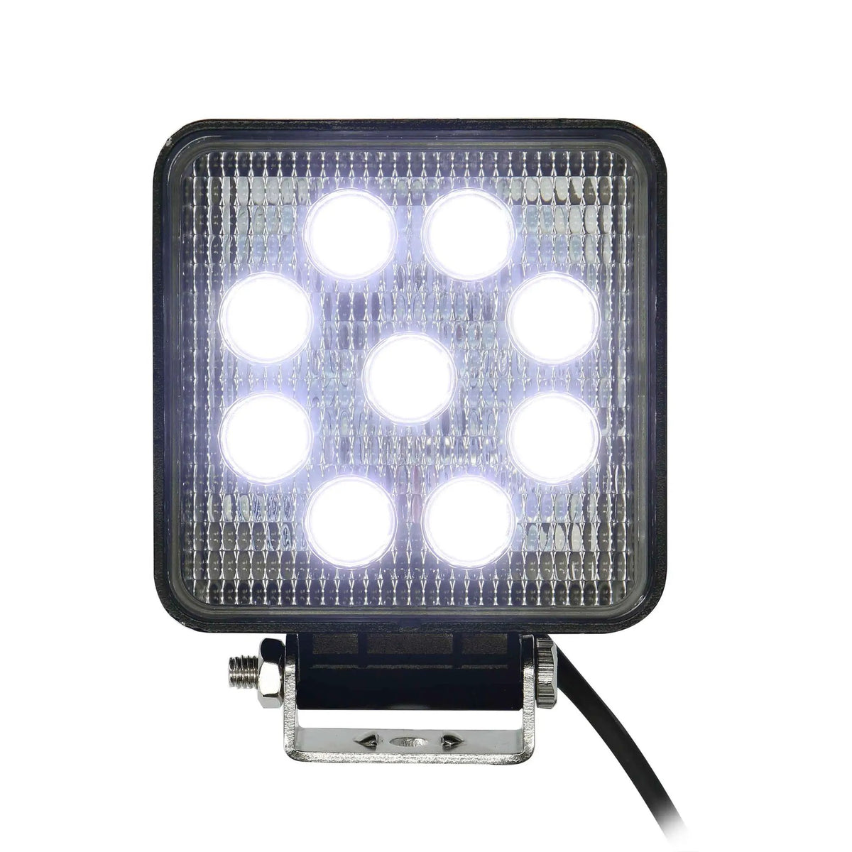 Front view of an illuminated square nine-LED lamp