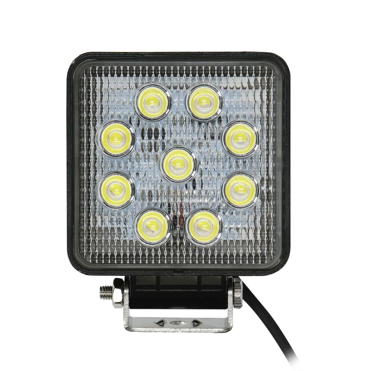 Front view of a square driving light with nine LEDs and an adjustable mounting bracket