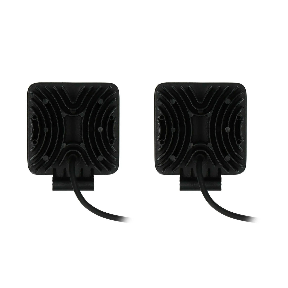 Rear view of two square driving lights with finned black housings and power cables