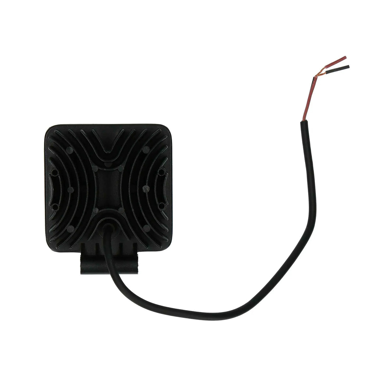 Rear of one Daytona Lights DL-DL4S square light with cooling fins, mounting bracket and red-and-black wire ends
