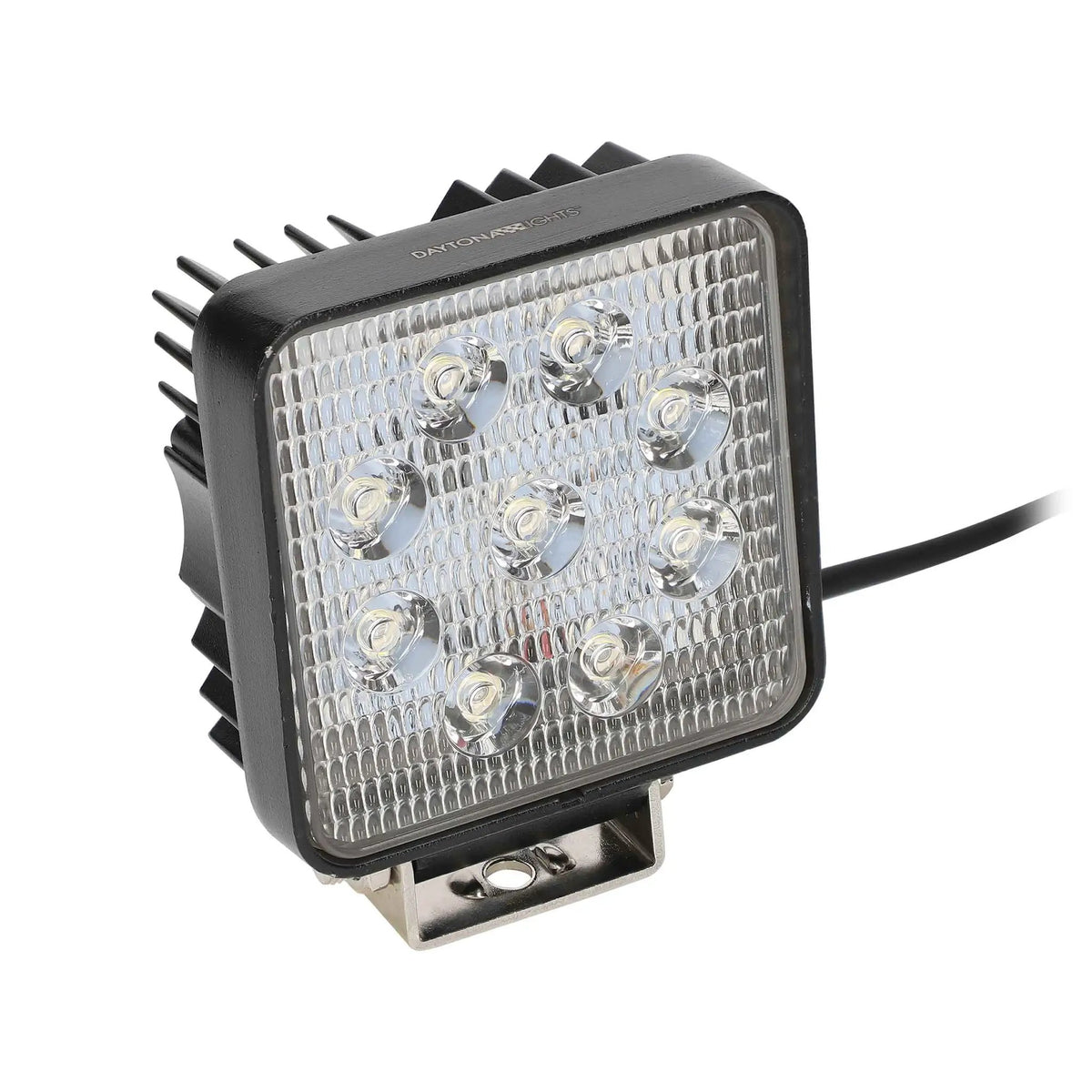 Single square Daytona driving light showing nine LED lenses, cooling fins and a mounting bracket