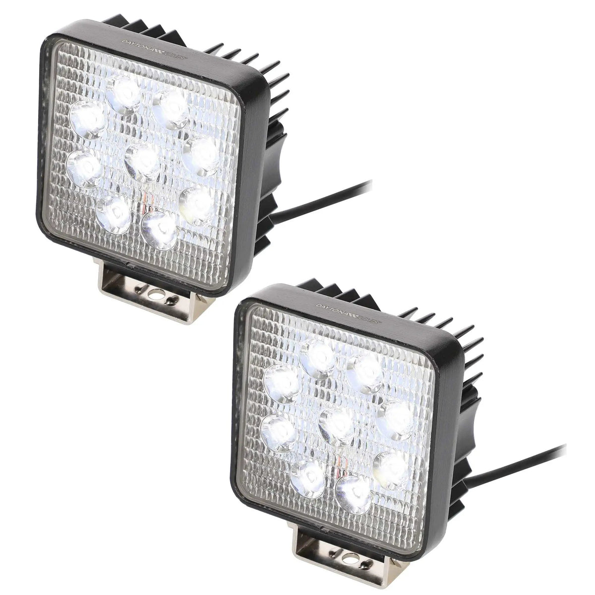 Two illuminated square nine-LED lamps viewed at an angle