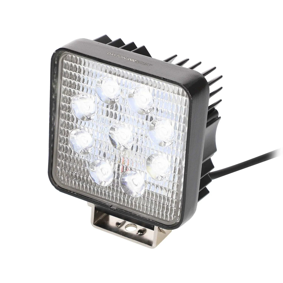 Angled front view of an illuminated square nine-LED lamp
