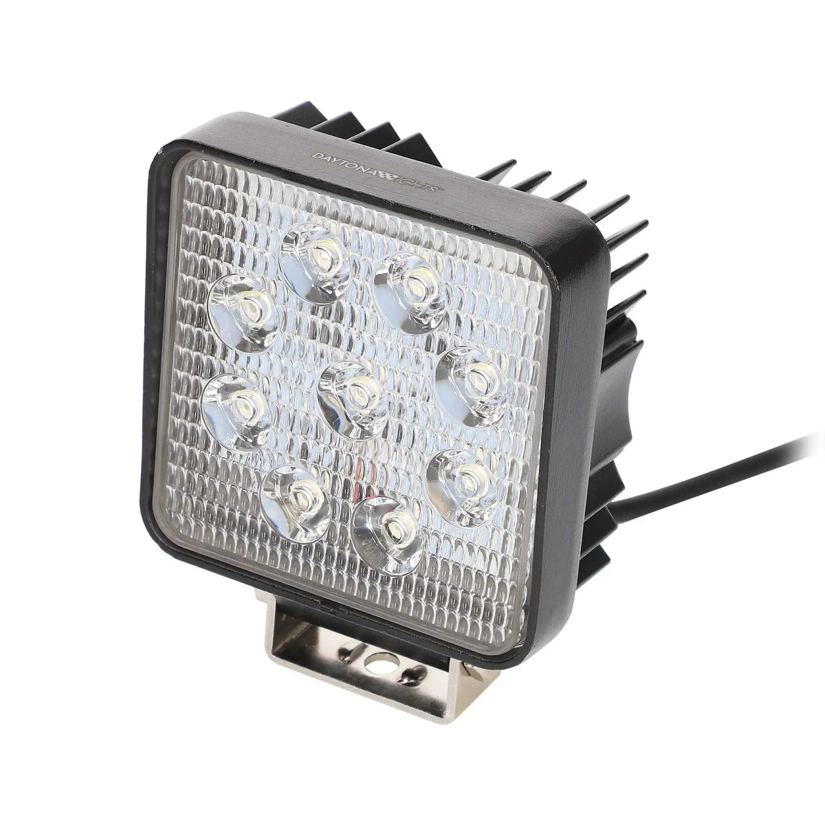 Angled front view of an unlit square nine-LED lamp