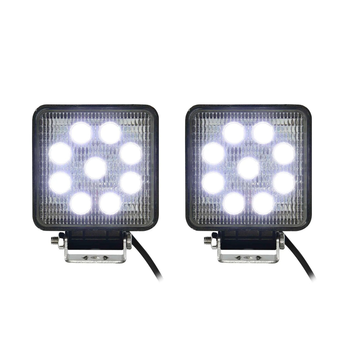 Two square driving lights illuminated white, showing nine LEDs in each light