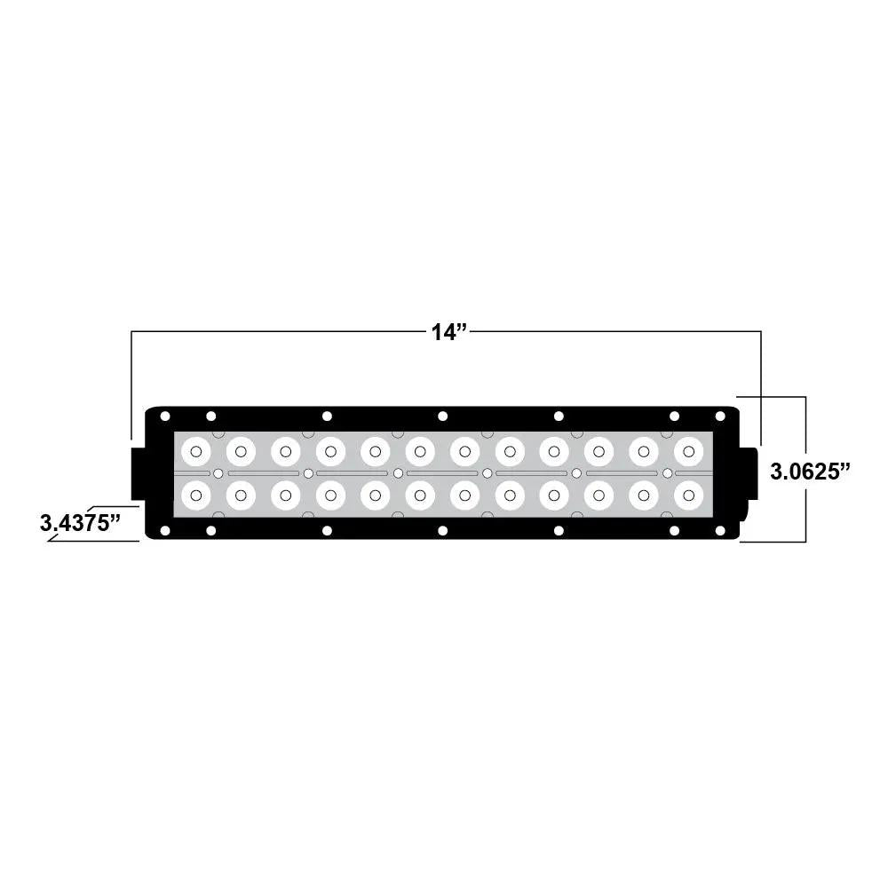 Daytona dual-row light bar dimension drawing showing 14-inch length, 3.0625-inch height and 3.4375-inch depth