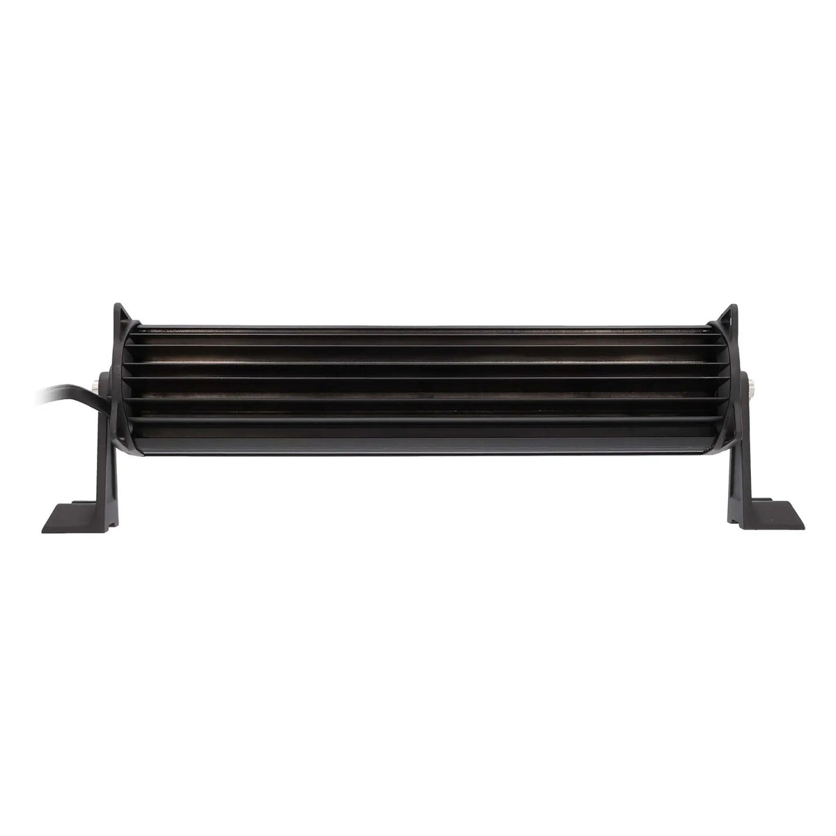 Rear view of a straight black light bar with cooling fins and end mounting feet