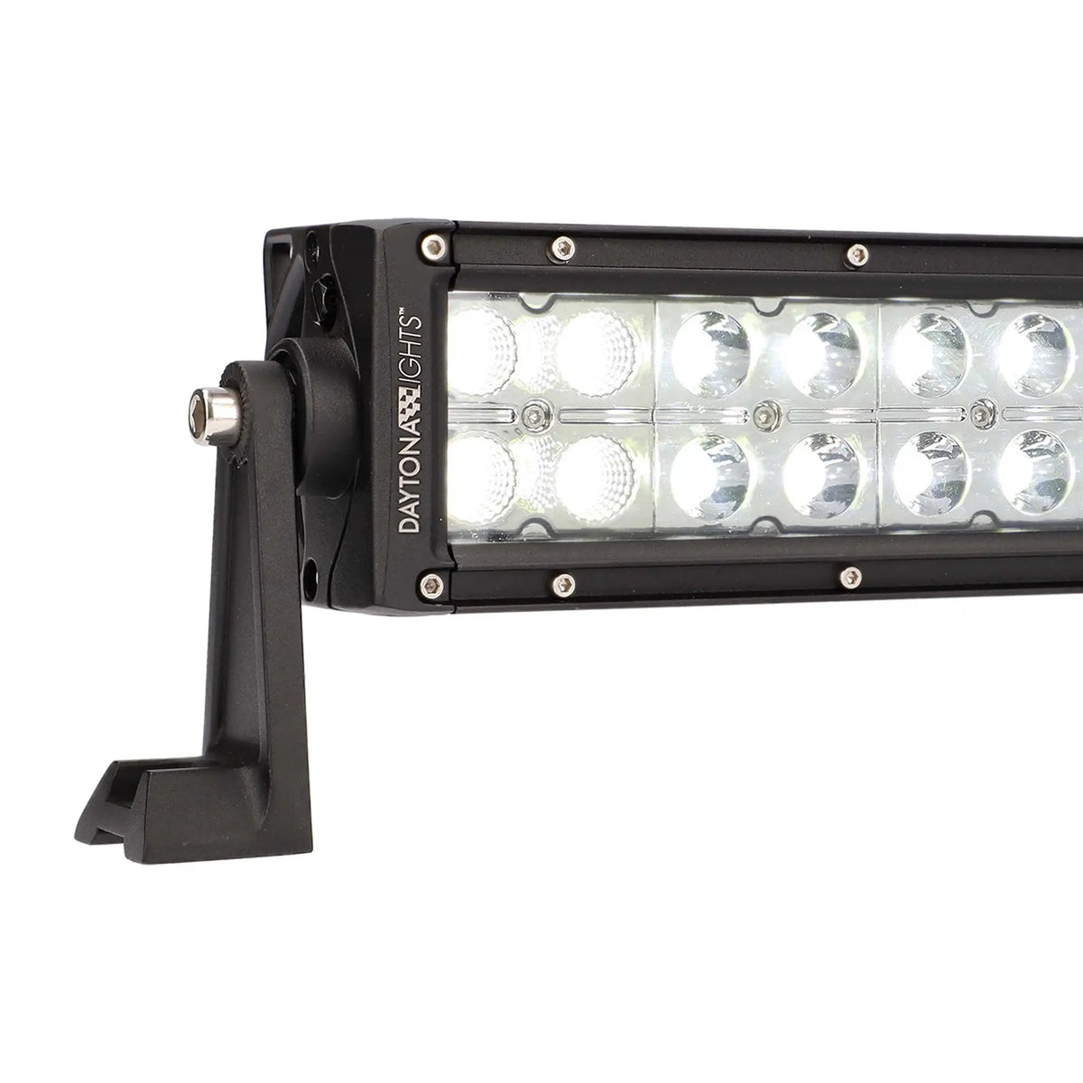 Close-up of a Daytona Lights illuminated dual-row LED light bar and its end mounting bracket