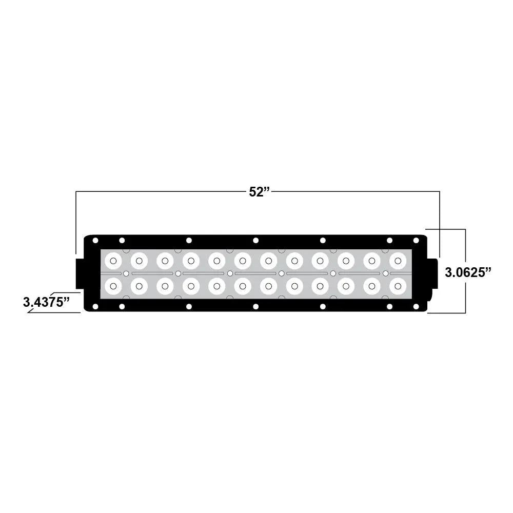 LED light-bar dimension drawing showing 52-inch length and 3.0625-inch height