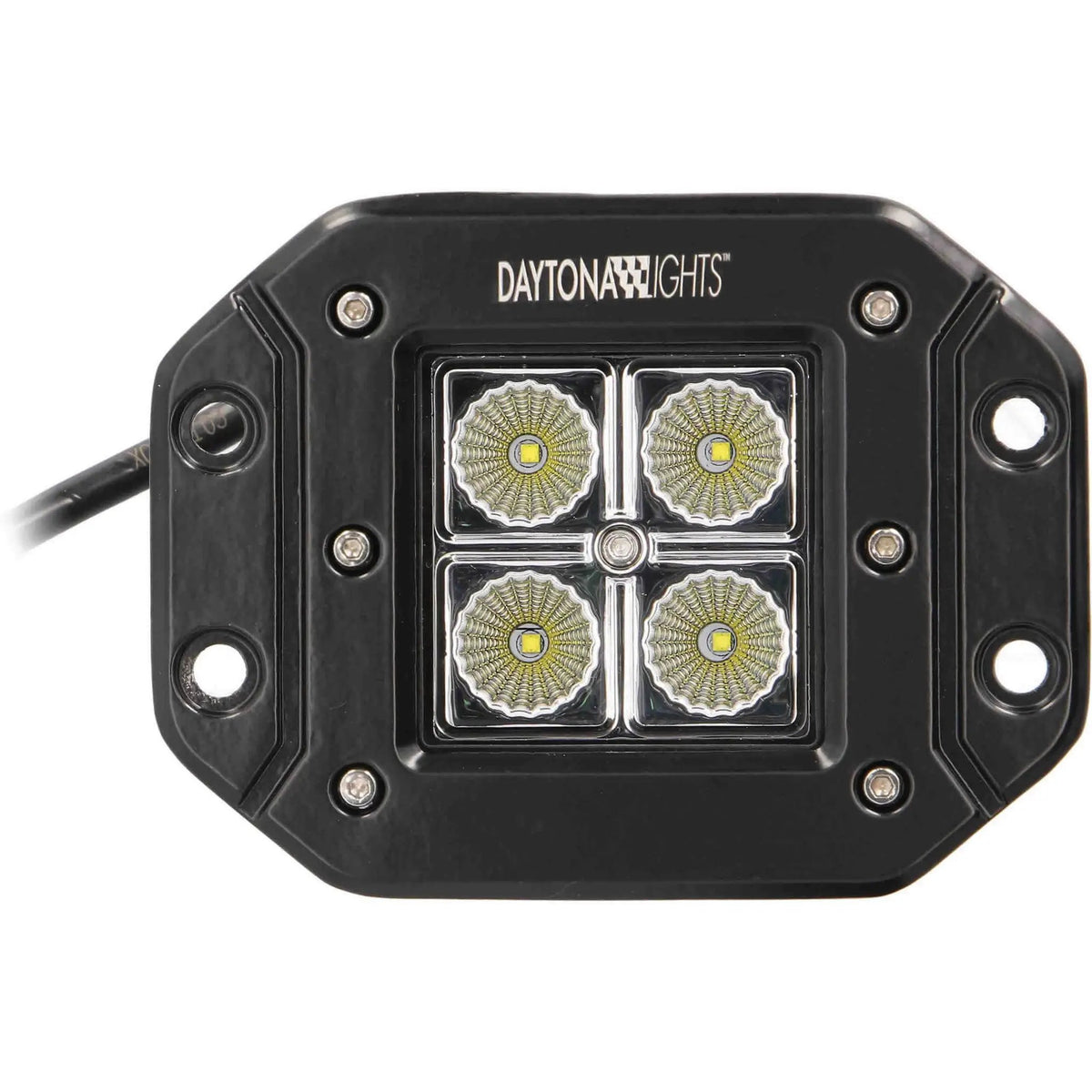 Front of one Daytona Lights flush-mount light with four LEDs and four flange mounting holes