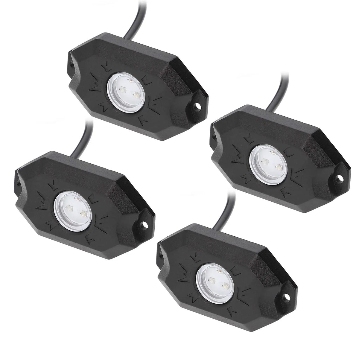 Four black LED rock-light pods with attached leads
