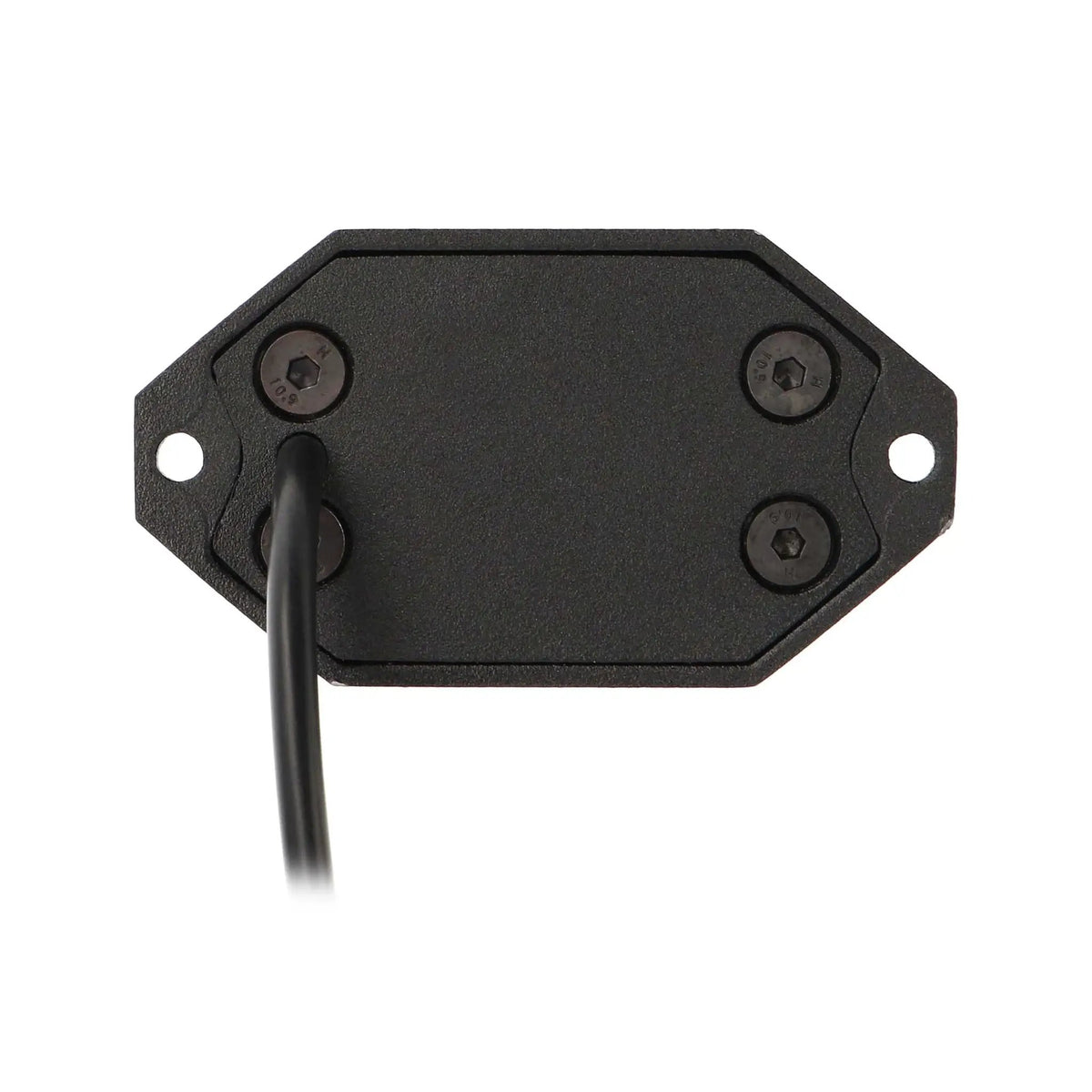 Rear view of a black rock-light pod showing its cable entry and mounting holes