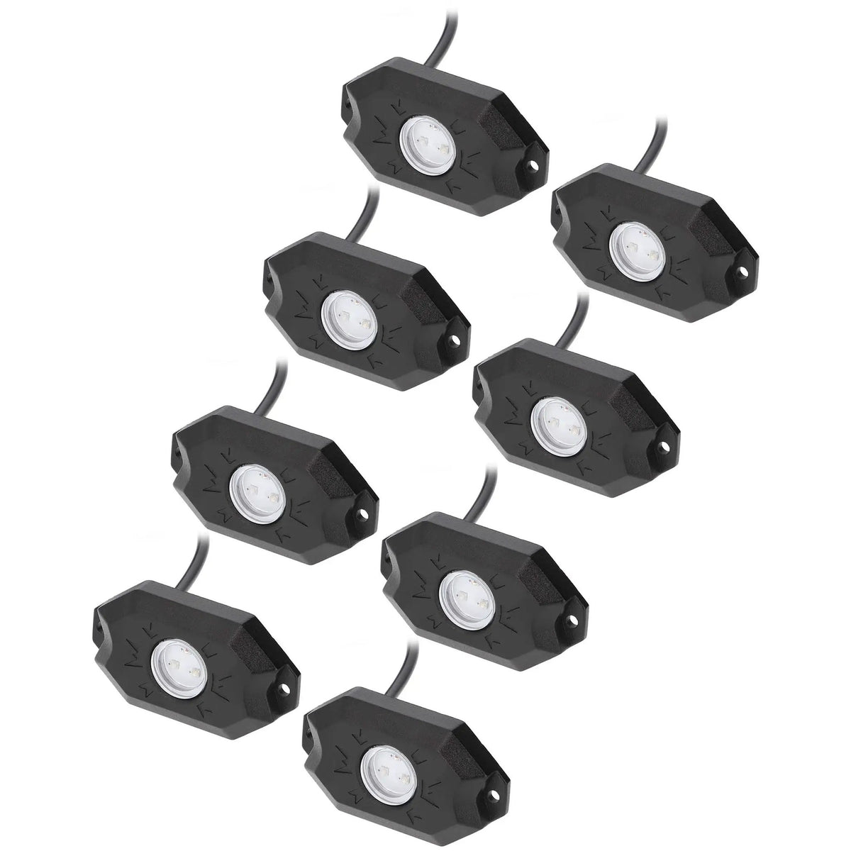 Eight black rock-light pods with unlit lenses and attached leads