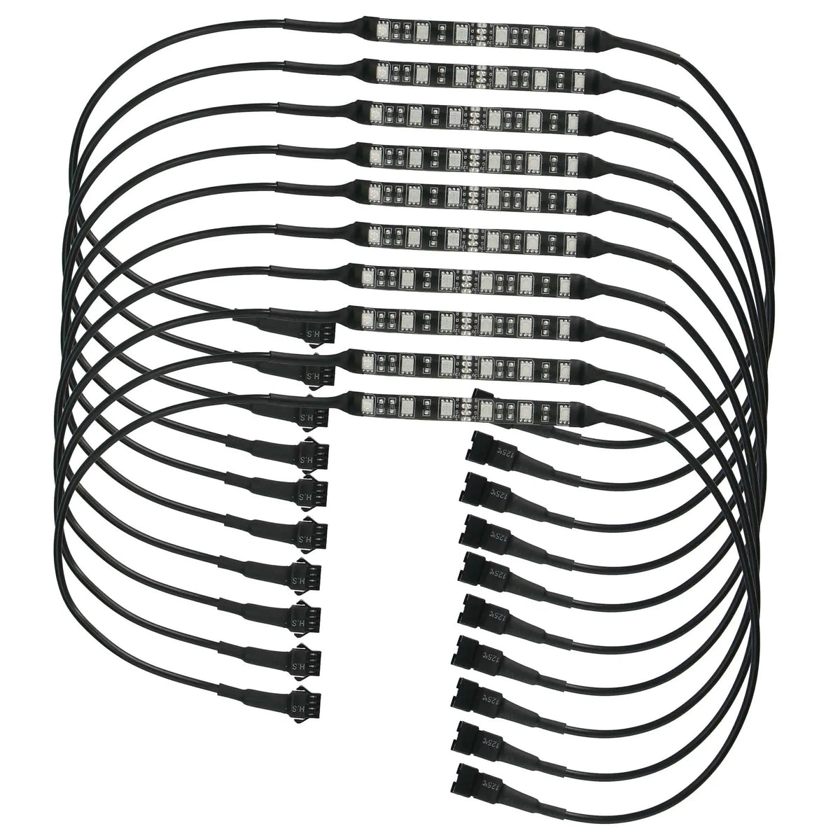 Daytona Lights DL-RGBK2 kit's ten LED strips with attached connection leads laid out