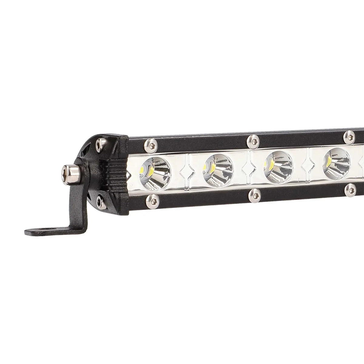 Close-up of a slim light bar showing its single row of LED reflectors, end cap and mounting foot