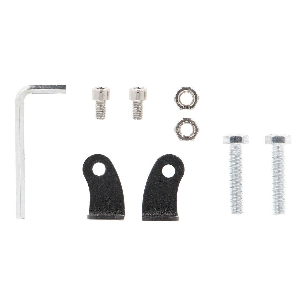 Light-bar mounting hardware with two black brackets, bolts, nuts and an Allen key