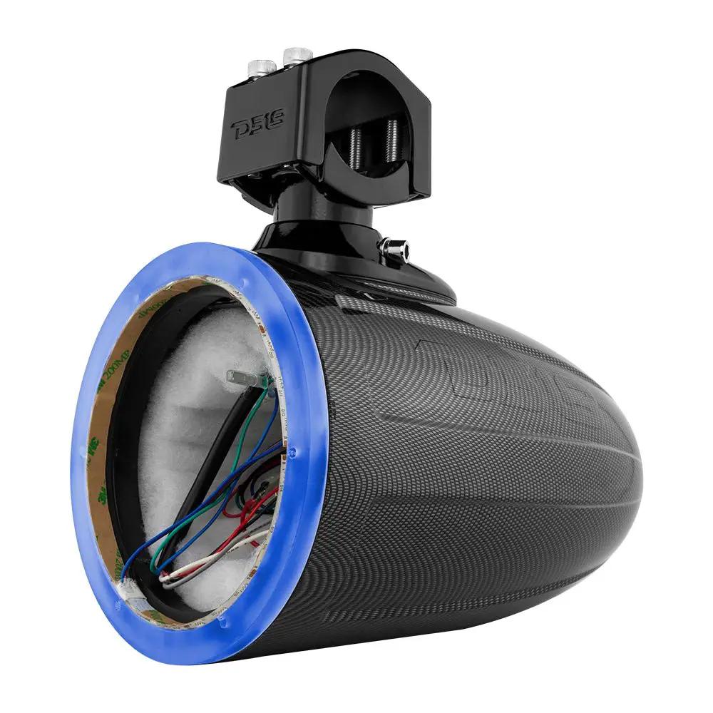 DS18 unloaded tower speaker pod with a carbon-pattern finish, blue front ring and mounting clamp
