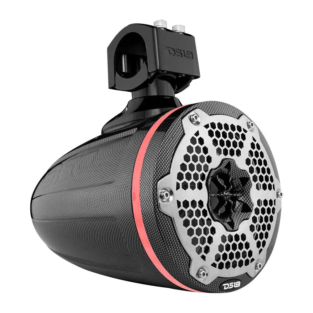 DS18 carbon-pattern speaker pod with a silver honeycomb grille, red light ring and mounting clamp