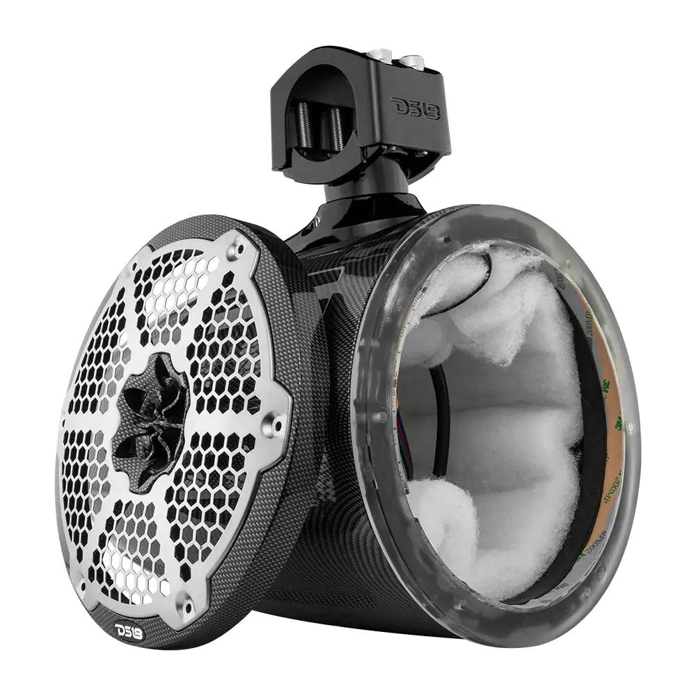 DS18 unloaded tower speaker pod with a carbon-pattern finish and detached silver-and-black grille