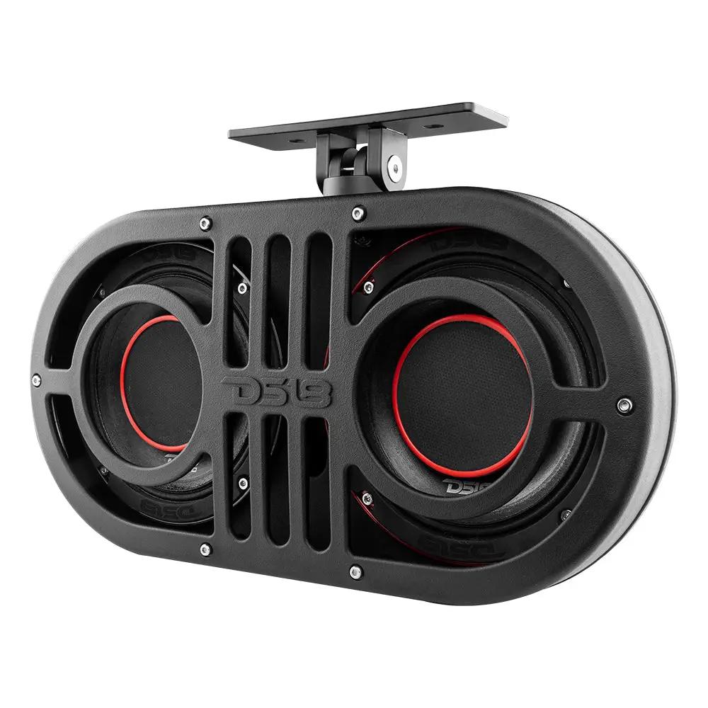 Angled front view of a black dual-speaker DS18 soundbar with red cone accents and a flat mounting bracket