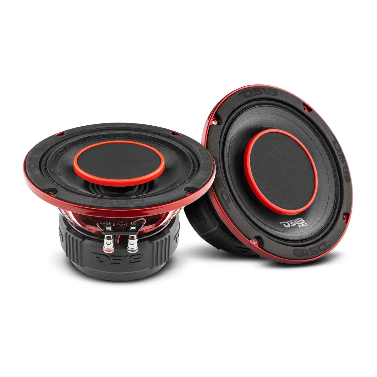 Two black DS18 drivers with red trim shown upright and at a low angle