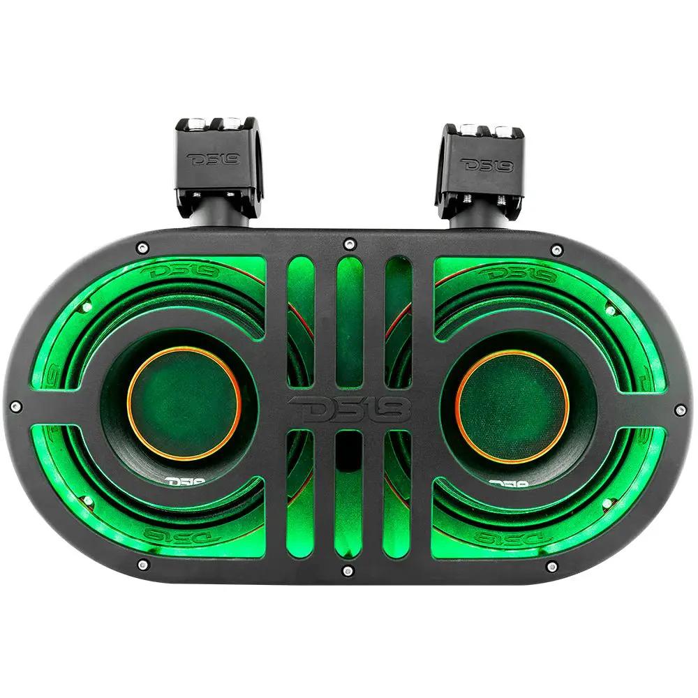 Front view of a black DS18 dual-speaker pod with green lighting and two mounting clamps