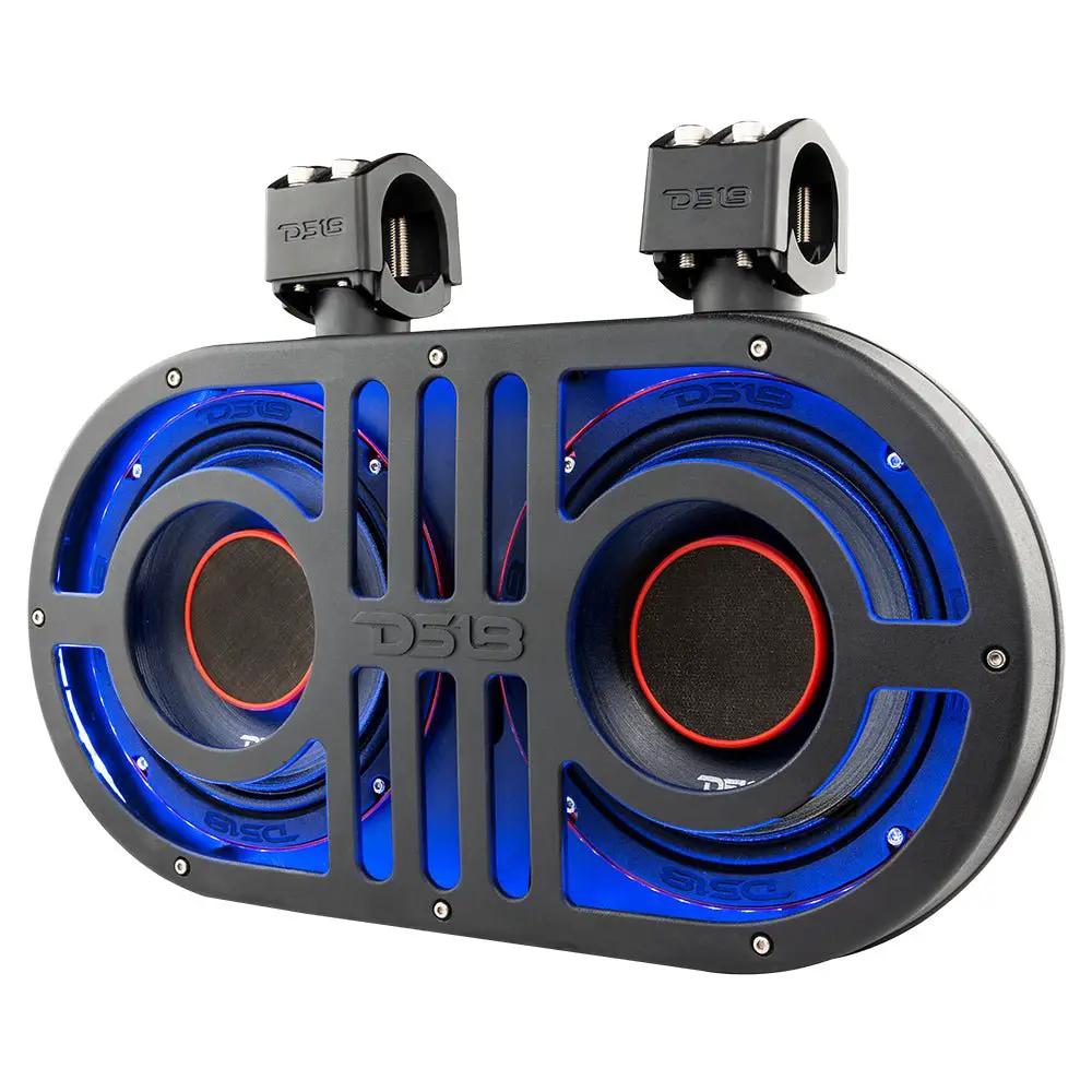 Angled view of a black dual-speaker soundbar with blue illumination and two mounting clamps