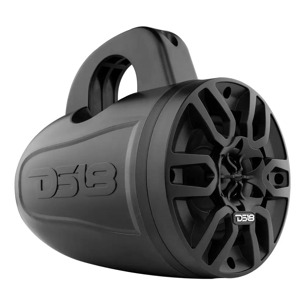 Angled view of a black DS18 pod speaker with an integrated mounting loop and molded side logo