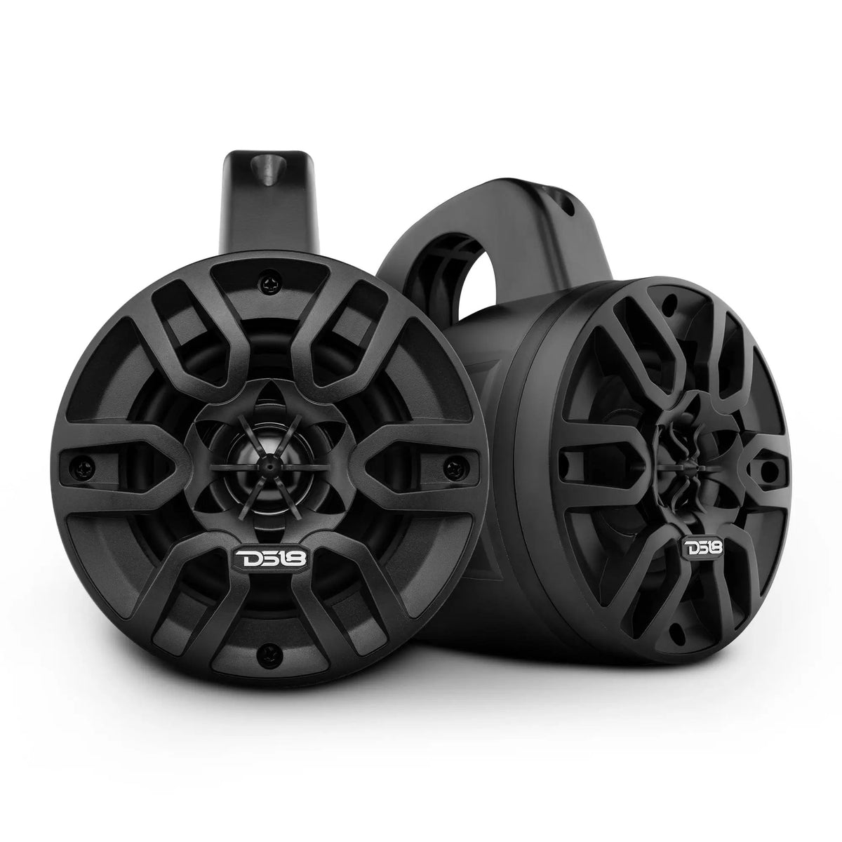 Two black DS18 pod speakers shown from the front with mounting loops above them