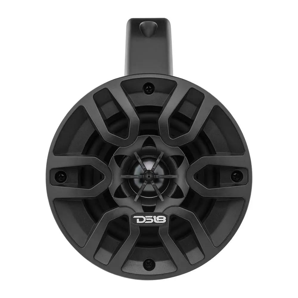 Front view of one gray DS18 tower speaker with black grille and mounting loop