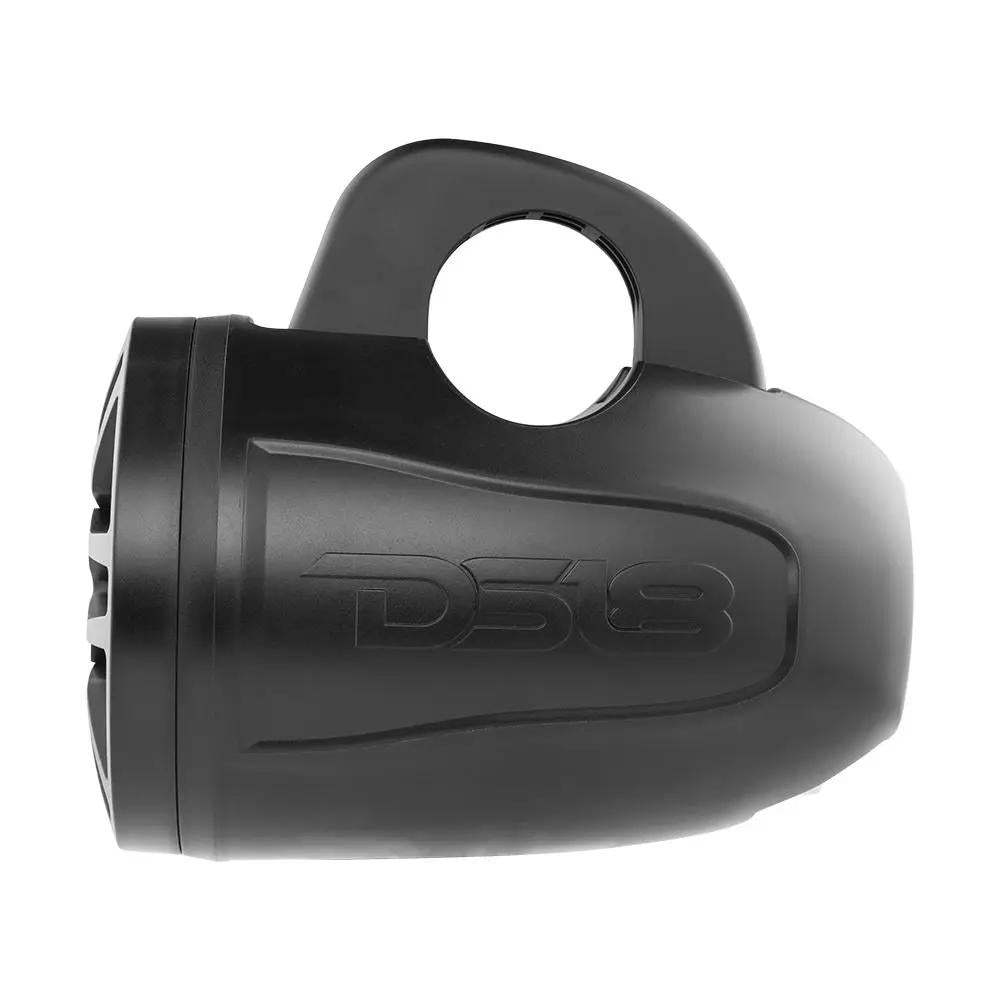 Side profile of a black DS18 pod speaker with an integrated mounting loop