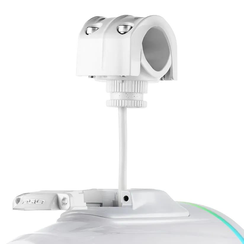 Close-up of a white tower speaker with the mounting clamp raised and the locking lever open