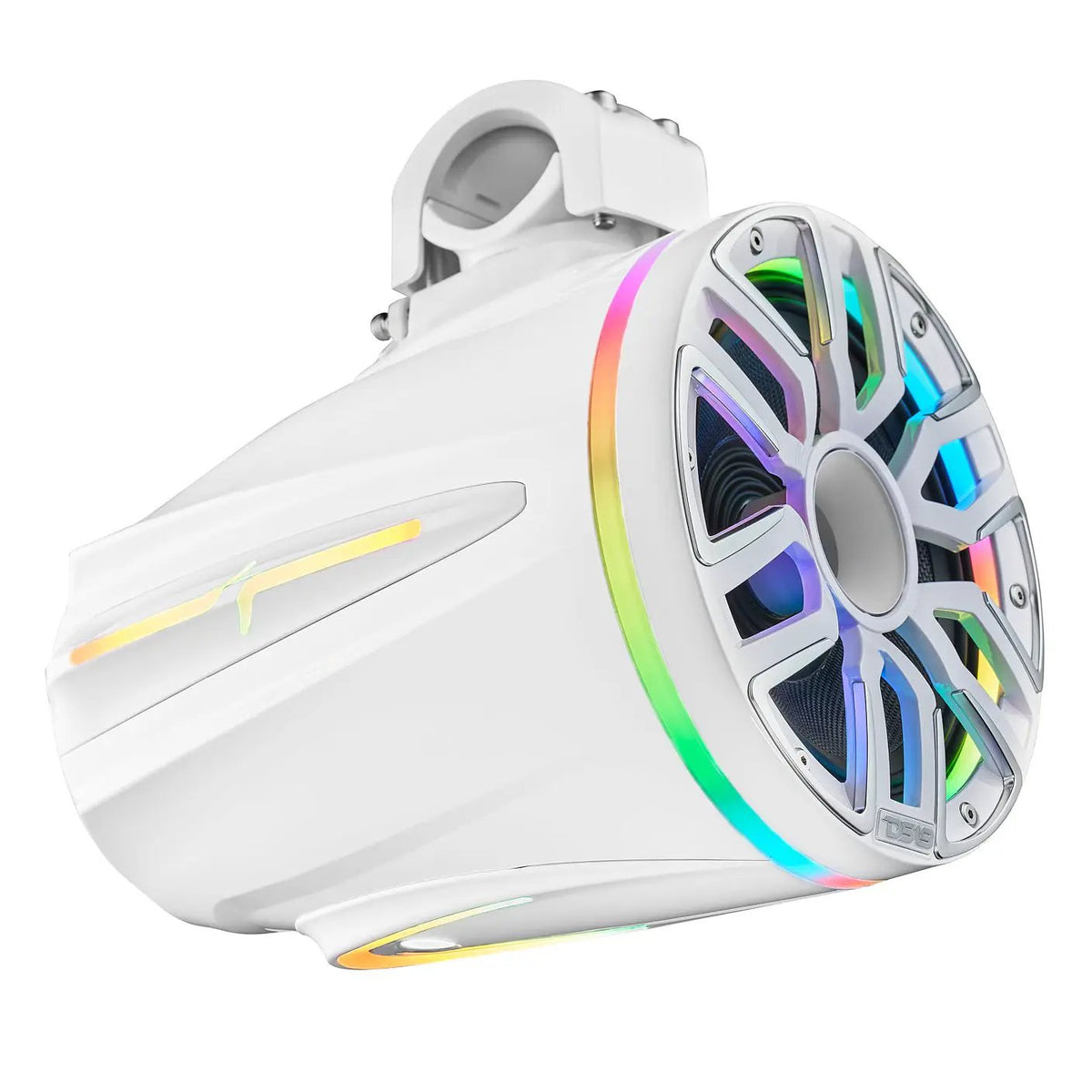 Angled view of a white tower speaker with multicolor lighting around the front grille and along the enclosure