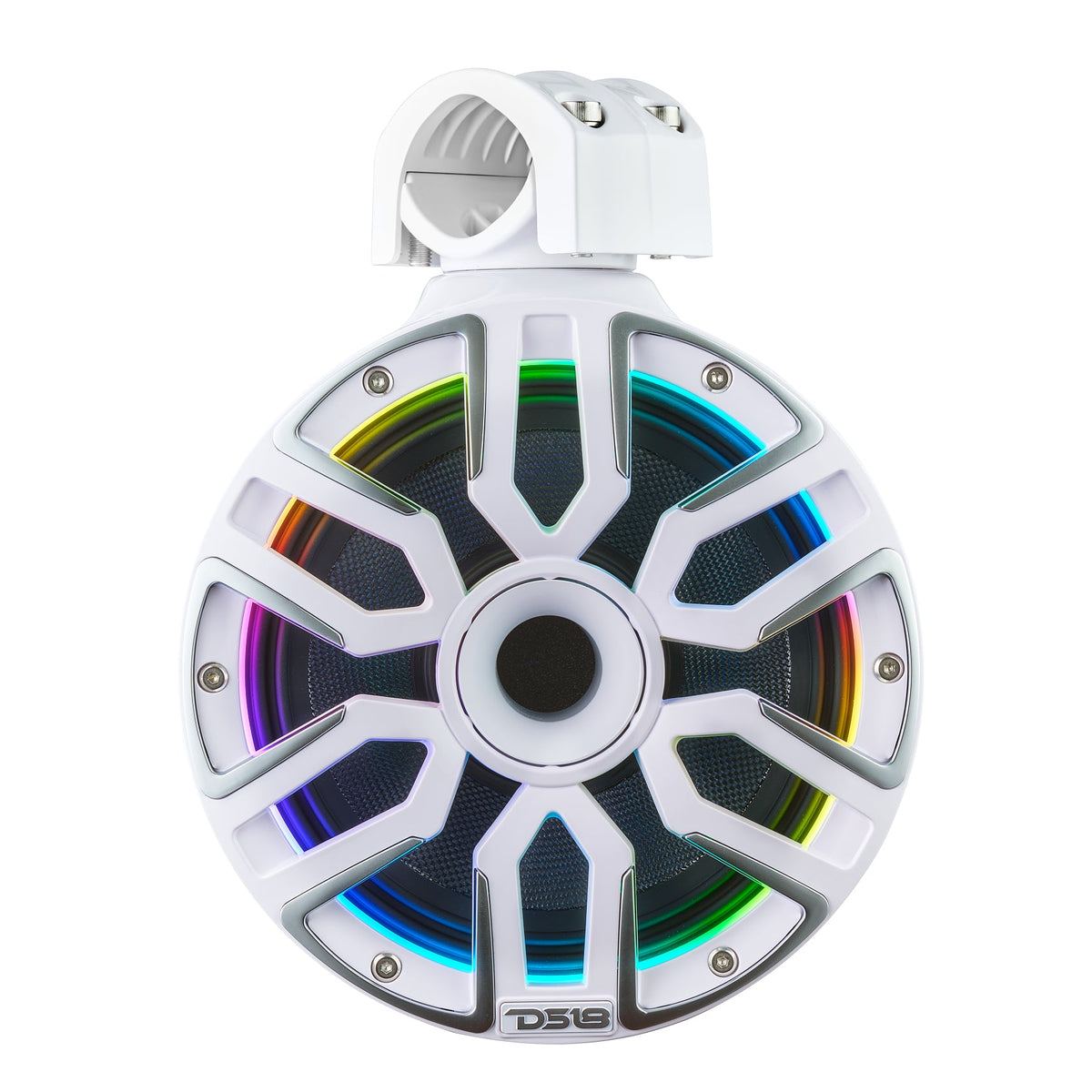 Front view of a white DS18 tower speaker with multicolor grille lighting and top mounting clamp