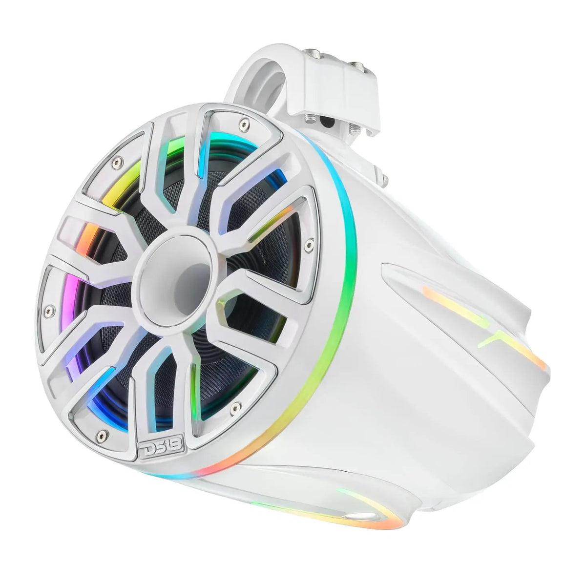 Angled view of a white DS18 tower speaker showing multicolor grille and side lighting