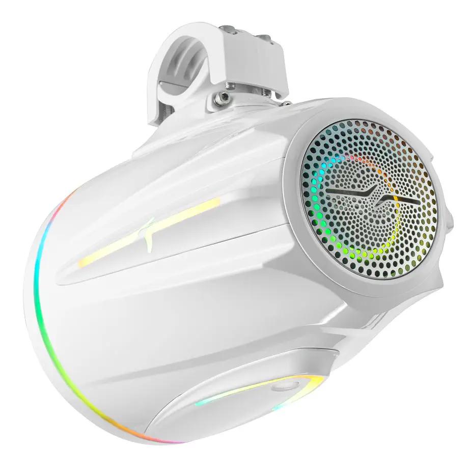 Rear angled view of a white tower speaker with a perforated grille, multicolor accents and underside light