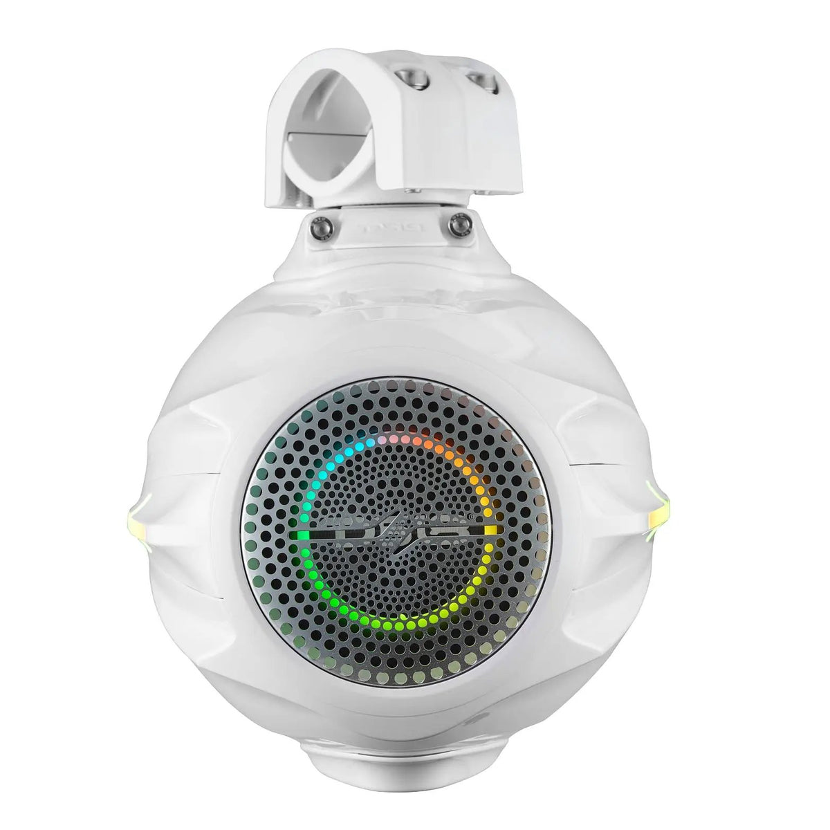 Rear view of a white DS18 tower speaker with multicolor ring around the circular grille