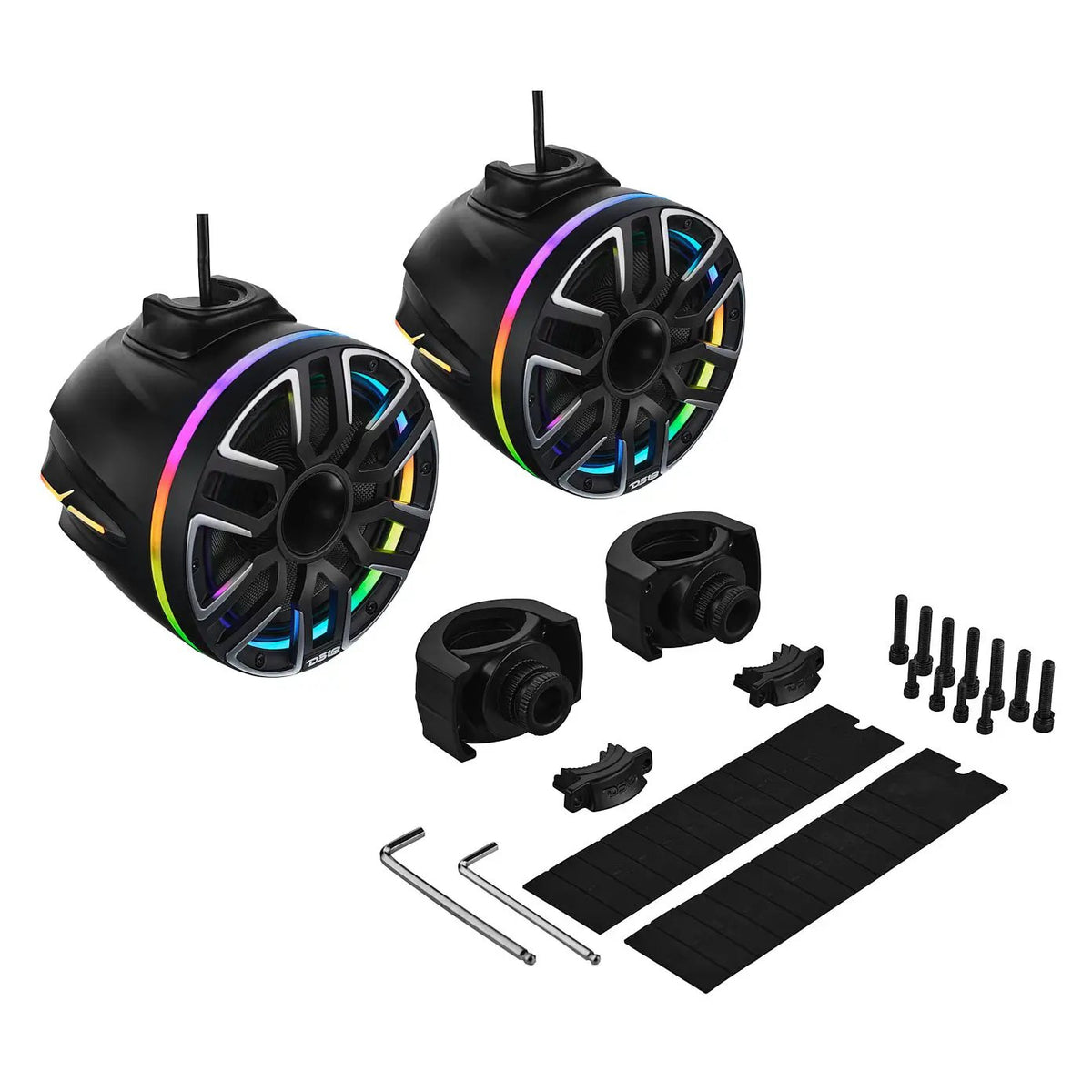 Two black illuminated tower speakers laid out with detachable clamps, mounting pads, bolts and hex keys